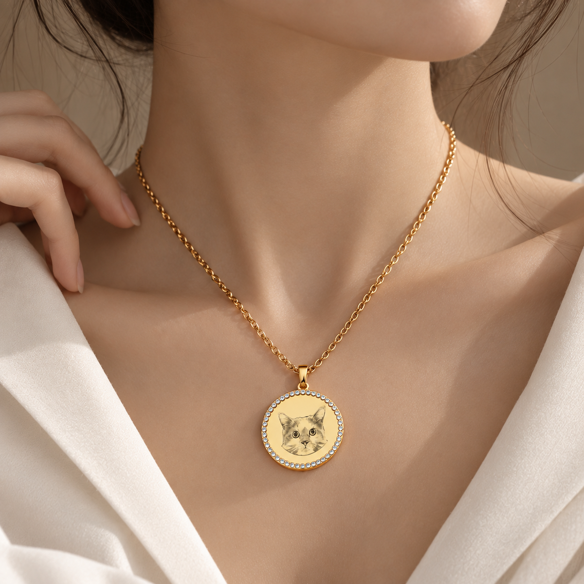 Personalised Portrait Necklace – Rhinestone Halo Pendant