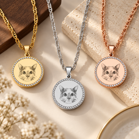 Personalised Portrait Necklace – Rhinestone Halo Pendant