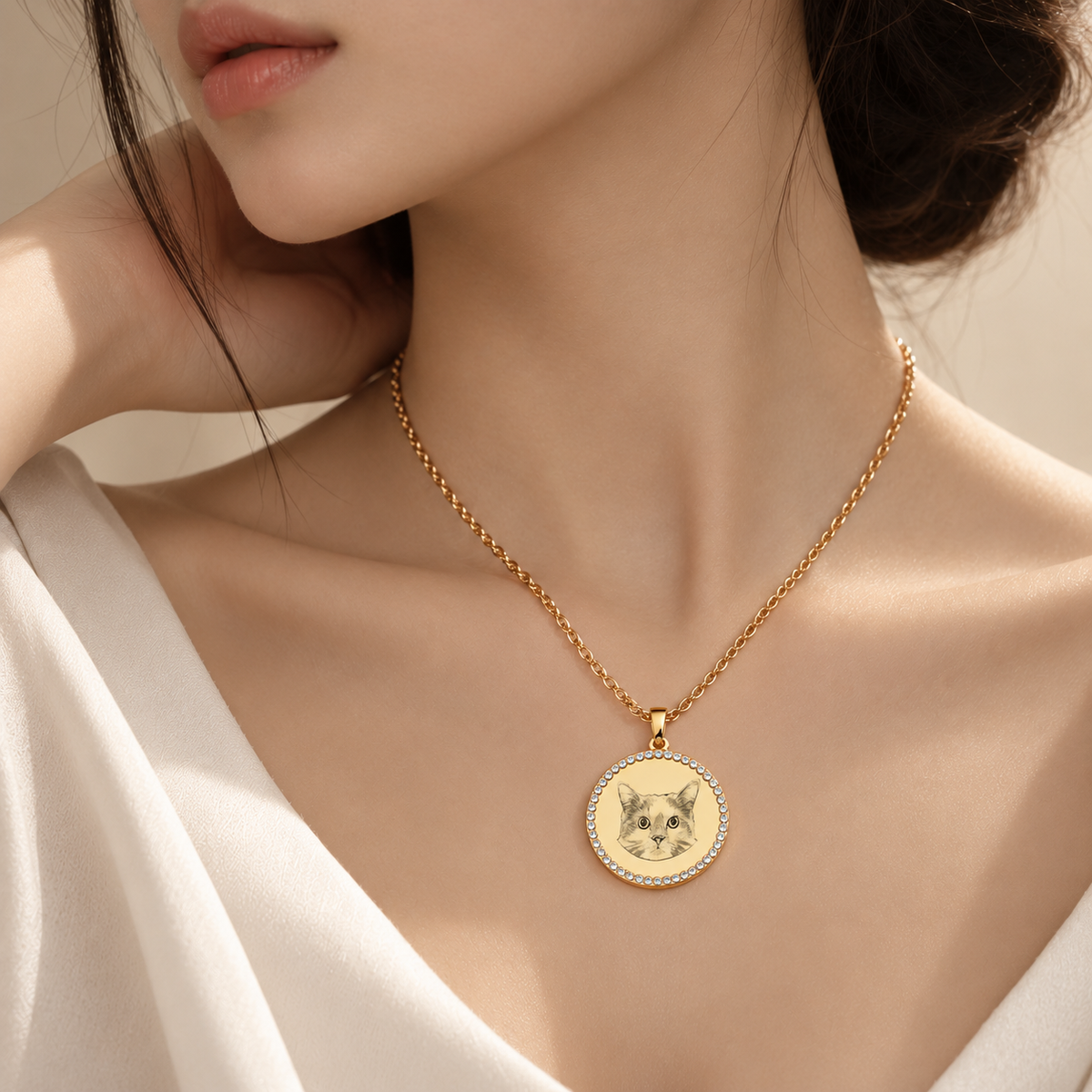 Personalised Portrait Necklace – Rhinestone Halo Pendant