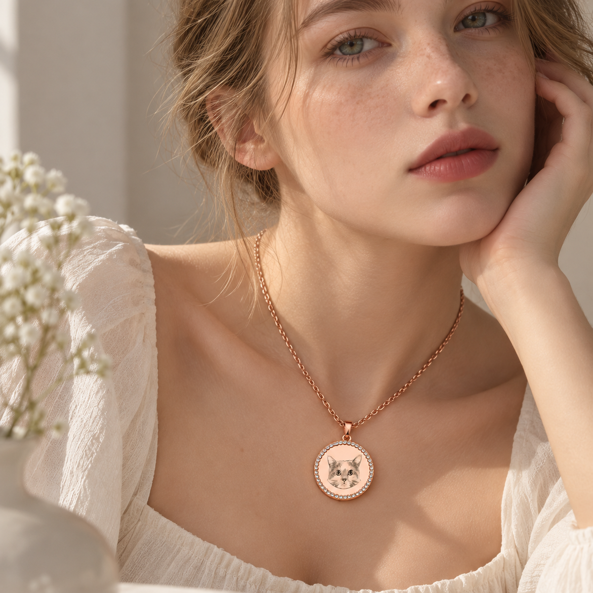 Personalised Portrait Necklace – Rhinestone Halo Pendant